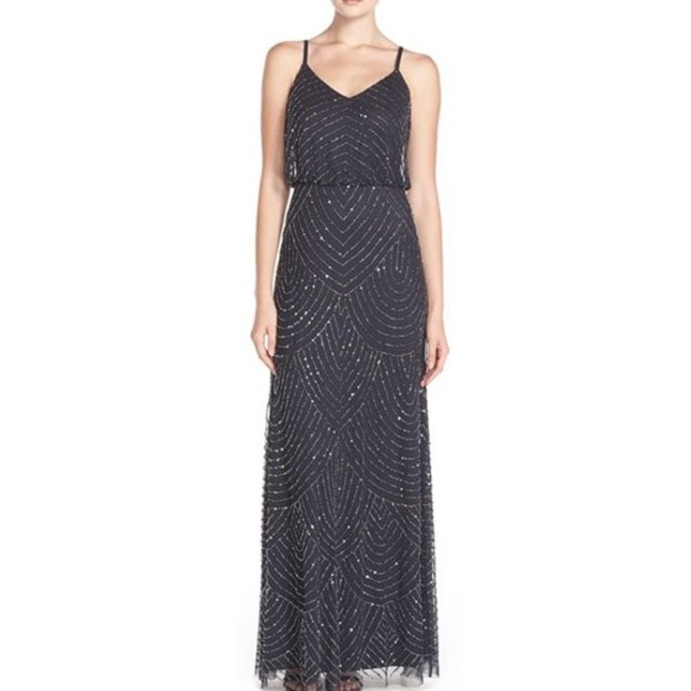 Adrianna Papell Dark Grey Blouson Beaded Gown 10